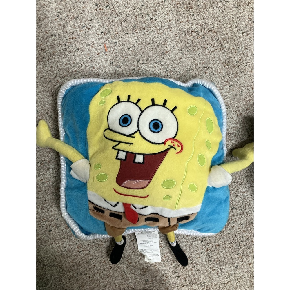 VTG SpongeBob SquarePants Plush Decorative Pillow Franco Mfg Blue Square 3D